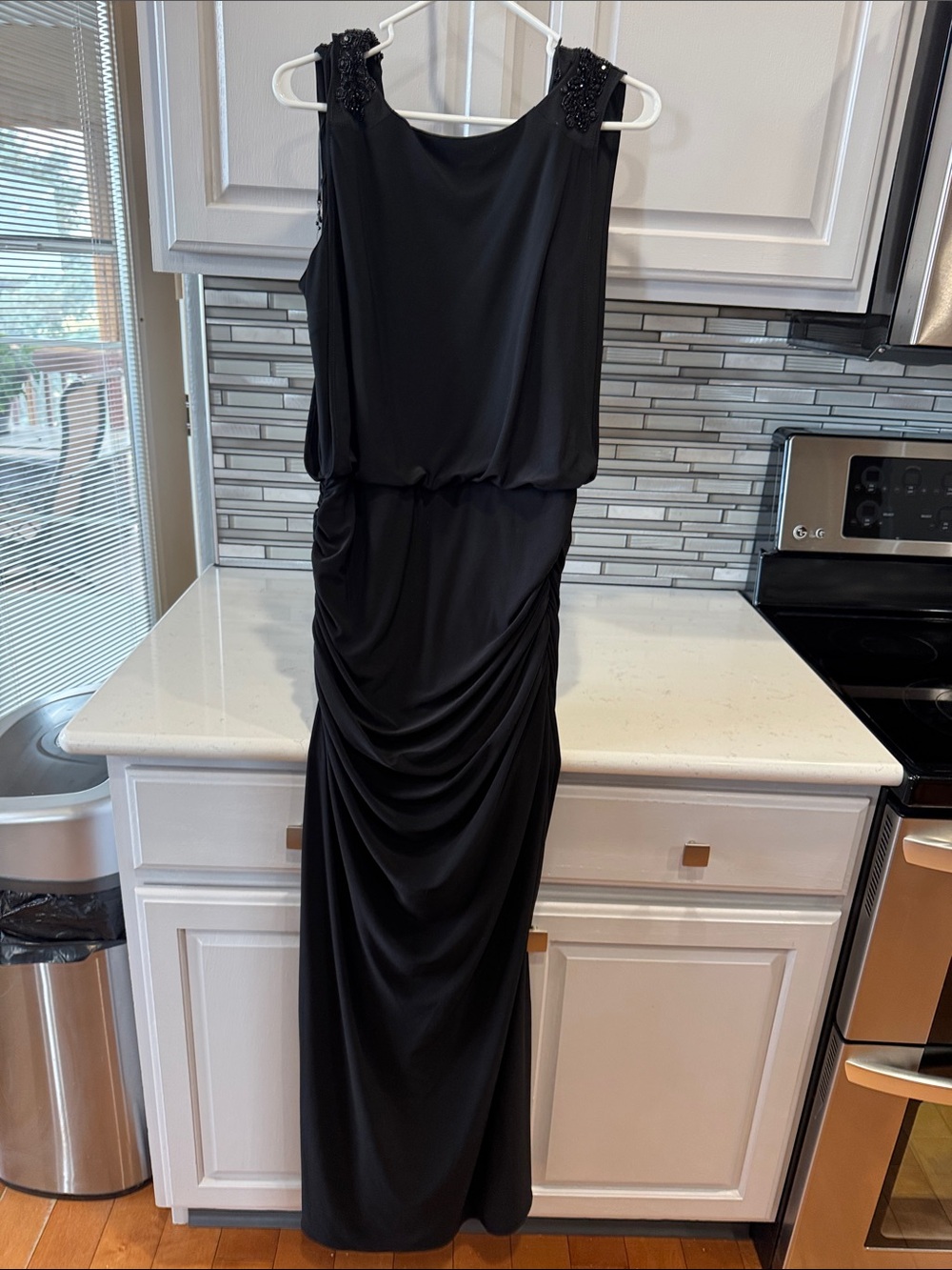 Elegant Black Beaded Shoulder Maxi Dress